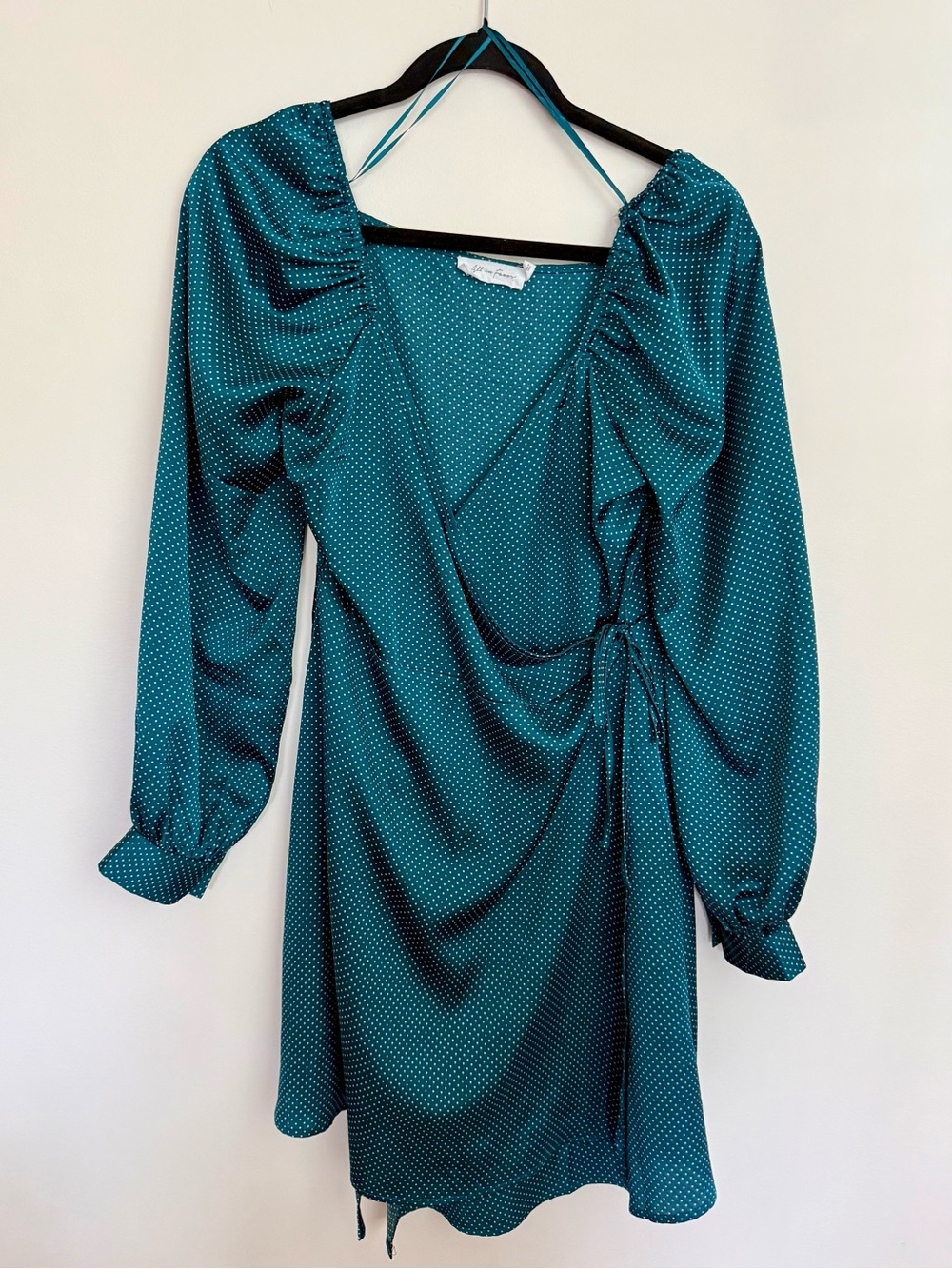 All in Favor Teal Polka Dot Wrap Mini Dress Size M